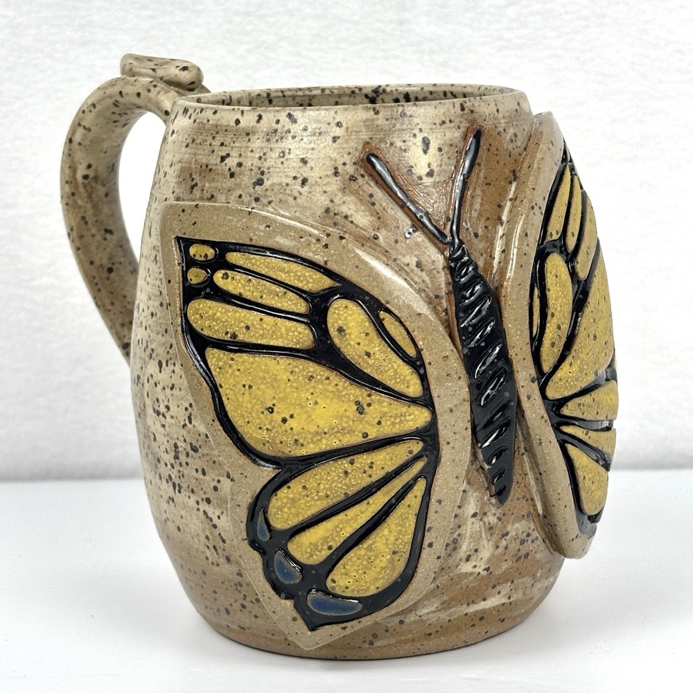 Jess Huey Studio Pottery Monarch Butterfly Mug Cup Handmade Speckled Stoneware